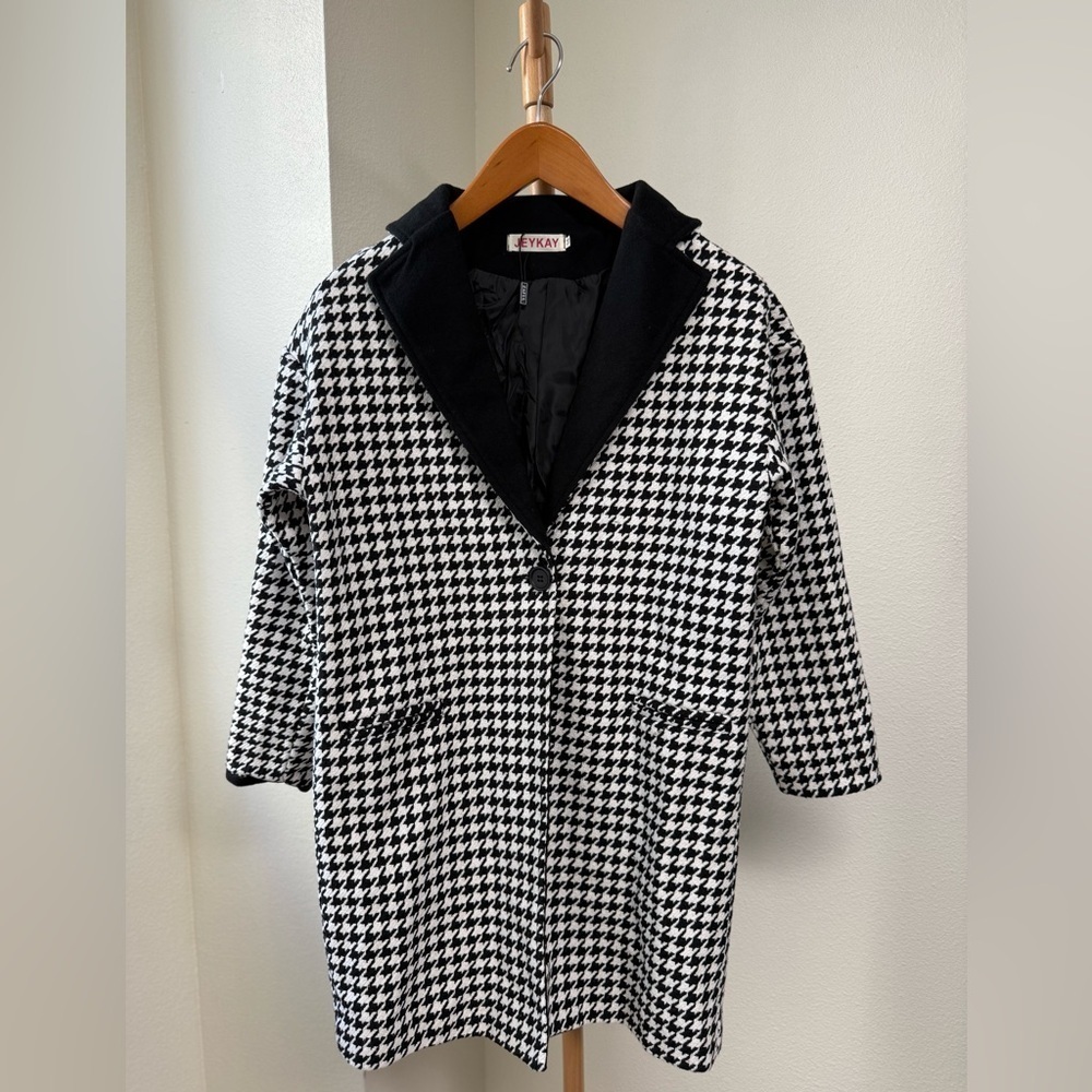 Jeykay Zaful NWOT Black and White Tweed Houndstooth Trench Coat Women’s Size M
